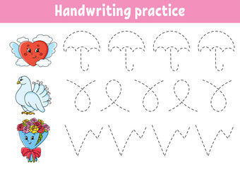 Obraz premium Handwriting pactice. Education developing worksheet. Activity page. Valentine's Day. Color game for children. Isolated vector illustration. Cartoon character.