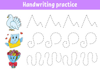 Handwriting pactice. Education developing worksheet. Activity page. Valentine's Day. Color game for children. Isolated vector illustration. Cartoon character.