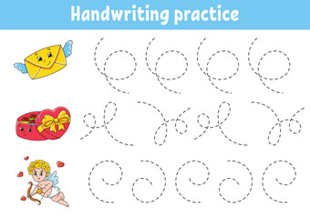 Handwriting pactice. Education developing worksheet. Activity page. Valentine's Day. Color game for children. Isolated vector illustration. Cartoon character.