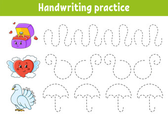Handwriting pactice. Education developing worksheet. Activity page. Valentine's Day. Color game for children. Isolated vector illustration. Cartoon character.