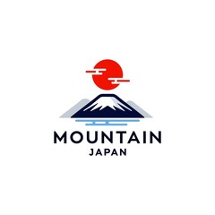 fuji mountain logo illustration with sun icin design in trendy badge style - obrazy, fototapety, plakaty