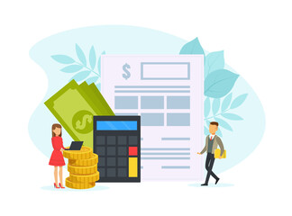 Fototapeta na wymiar Tax Payment Concept, Tiny Business People Calculating Document for Taxes Flat Vector Illustration