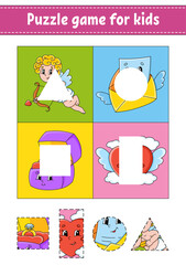 Puzzle game for kids. Cut and paste. Cutting practice. Learning shapes. Education worksheet. Valentine's Day. Circle, square, rectangle, triangle. Activity page.Cartoon character.