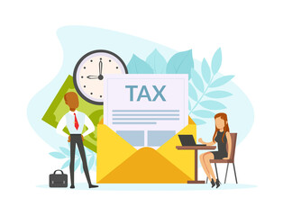 Tax Payment Concept, Tiny Business People Calculating Document for Taxes, Business Time Management Flat Vector Illustration