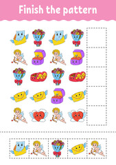 Finish the pattern. Cut and play. Education developing worksheet. Activity page. Valentine's Day. Cartoon character.