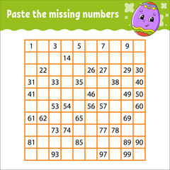 Paste the missing numbers from 1 to 100. Handwriting practice. Learning numbers for kids. Education developing worksheet. Game for children. Isolated vector illustration in cute cartoon style.