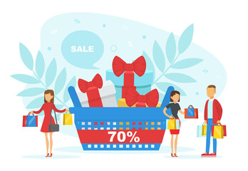 People Shopping, Tiny Customers with Huge Shopping Bags and Gift Boxes, Online Shopping, E-commerce Concept Flat Vector Illustration