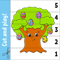 Learning numbers 1-5. Cut and play. Education worksheet. Game for kids. Color activity page. Puzzle for children. Riddle for preschool. Vector illustration. Cartoon style.