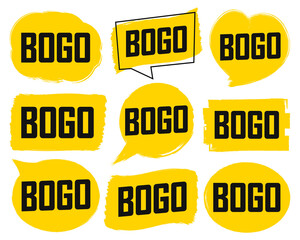 Set BOGO tags, sale banners design template, discount  grunge brush badge collection, vector illustration