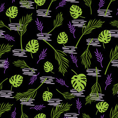 Abstract floral seamless pattern with palm tropical leaves on dark background, botanical elements in purple - endless texture for textile, fabric, digital paper or scrapbooking - vector illustration
