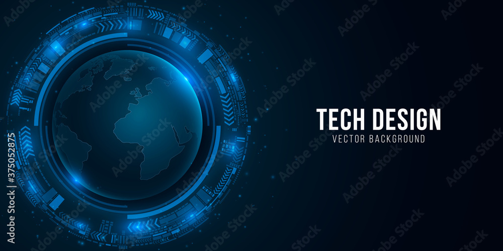 Poster futuristic planet earth in abstract circular hud interface on a dark blue background. world map with
