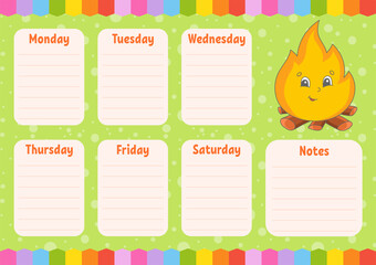 School schedule. Timetable for schoolboys. Empty template. Weekly planer with notes. Isolated color vector illustration. Cartoon character.