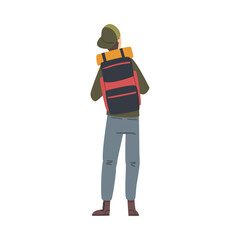 Male Tourist Character, Back View of Man with Backpack, Summer Adventure Trip Cartoon Style Vector Illustration