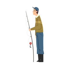 Fisherman Standing with Fishing Rod, Hobby, Summer Outdoor Activity Cartoon Style Vector Illustration