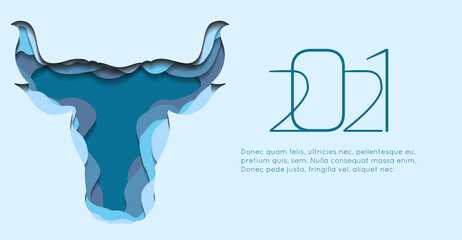 Horizontal banner with silhouette of a bull head with paper cut layers. The symbol of the new year 2021. Buffalo with horns. Vector template of animal head for invitation, card and your designs