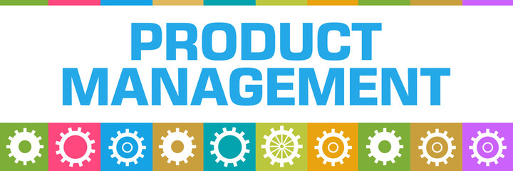 Obraz premium Product Management Colorful Boxes Gears Horizontal 