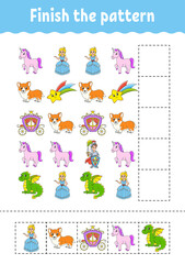 Finish the pattern. Cut and play. Education developing worksheet. Activity page.Cartoon character.