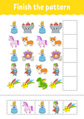 Finish the pattern. Cut and play. Education developing worksheet. Activity page.Cartoon character.
