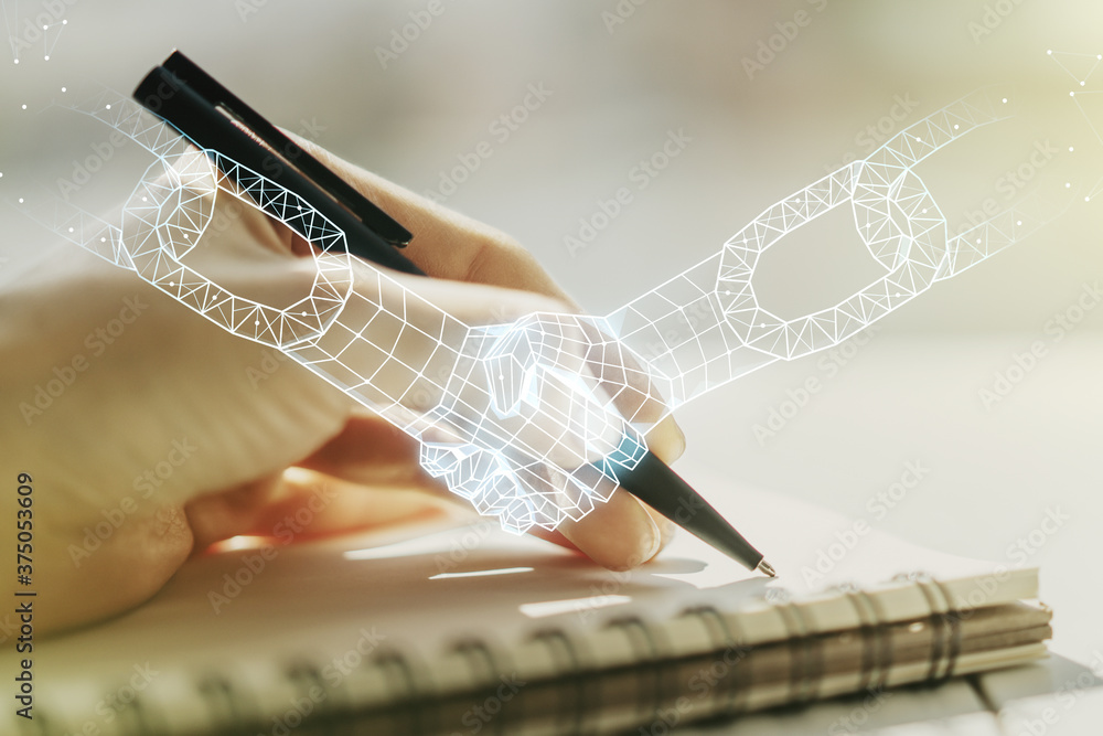 Poster creative abstract block chain technology sketch with handshake and woman hand writing in notepad on 