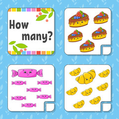 Counting game for children. Happy characters. Learning mathematics. How many object in the picture. Education worksheet. With space for answers. Isolated vector illustration in cute cartoon style.