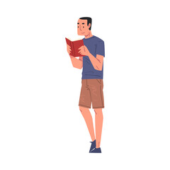 Young Man Reading Book while Standing, Male Student Character Studying or Preparing for Exam, Book Lover, Literature Fan Cartoon Style Vector Illustration