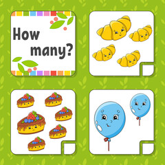 Counting game for children. Happy characters. Learning mathematics. How many object in the picture. Education worksheet. With space for answers. Isolated vector illustration in cute cartoon style.