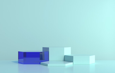 3d scene of hexagons for product demonstration on a blue background
