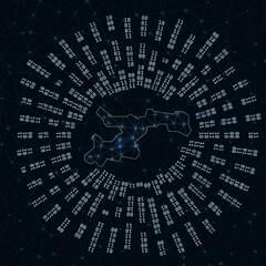 Norman Island digital map. Binary rays radiating around glowing island. Internet connections and data exchange design. Vector illustration.