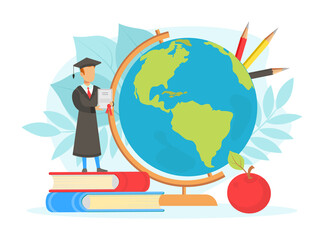 Graduate Student Standing on Pile of Books next to Earth Globe, International Student, Global Education Concept Flat Vector Illustration