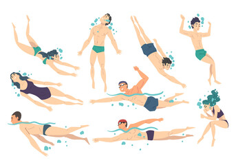 People Performing Water Activities Set, Men and Women in Swimwear in Swimming Pool, Water Swim Sport Cartoon Style Vector Illustration