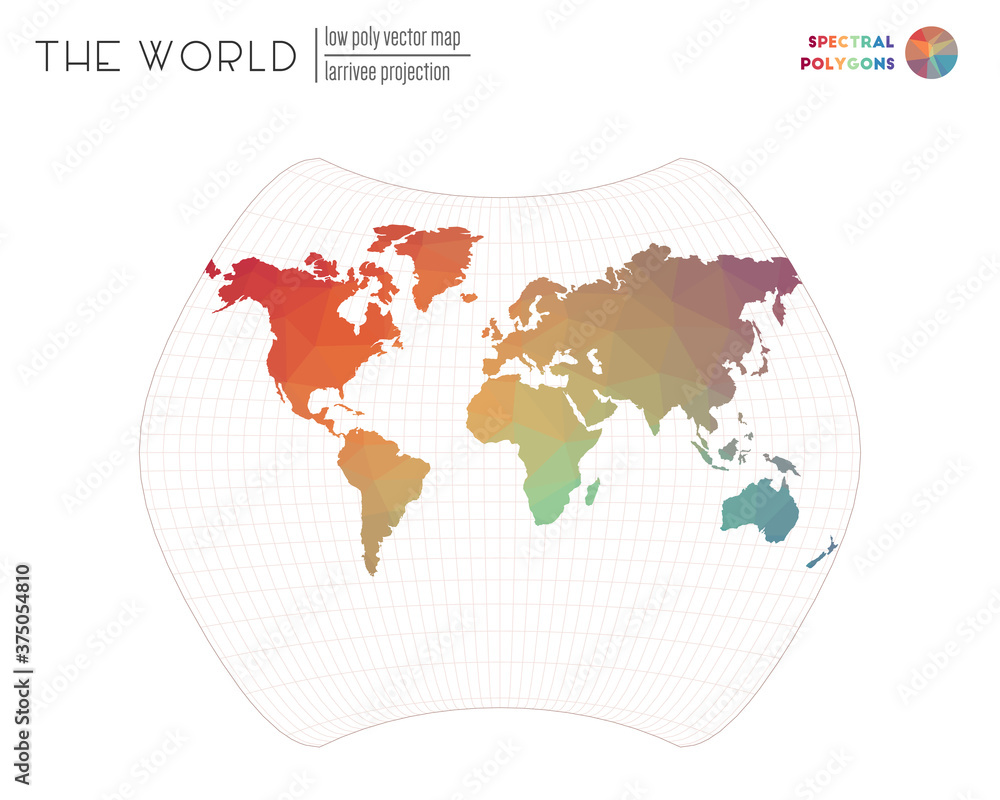 Poster vector map of the world. larrivee projection of the world. spectral colored polygons. stylish vector