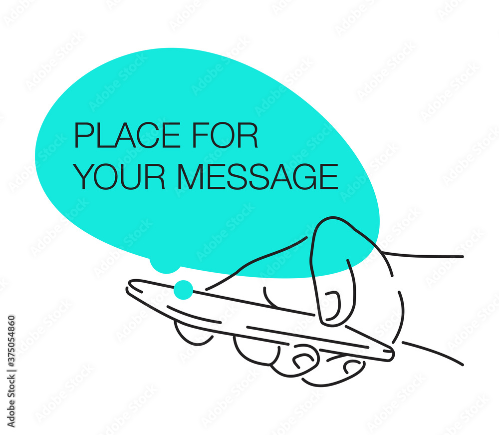 Poster message concept - drawn smart phone in hands (in sketch thin line decoration) and place for text (di