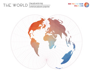 Abstract world map. American polyconic projection of the world. Red, Yellow, and Blue colored polygons. Awesome vector illustration.