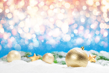 Christmas greeting card with decor in snow