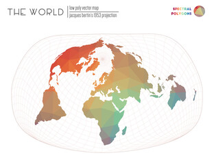Triangular mesh of the world. Jacques Bertin's 1953 projection of the world. Spectral colored polygons. Awesome vector illustration.