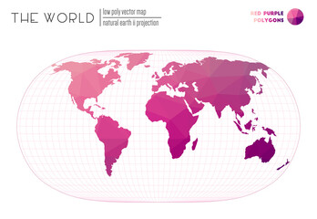 World map with vibrant triangles. Natural Earth II projection of the world. Red Purple colored polygons. Trending vector illustration.