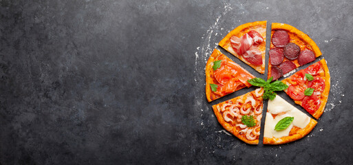 Tasty slices of different pizza