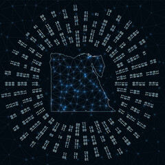 Egypt digital map. Binary rays radiating around glowing country. Internet connections and data exchange design. Vector illustration.