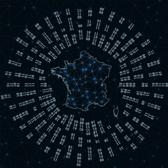 France digital map. Binary rays radiating around glowing country. Internet connections and data exchange design. Vector illustration.