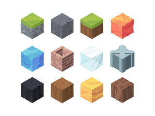 Landscape cubes isometric game set. Formations color wood and coal fractal made of ice metal grassy landscape with rocky soil lava water relief 3D geological block made clay. Vector cartoon.