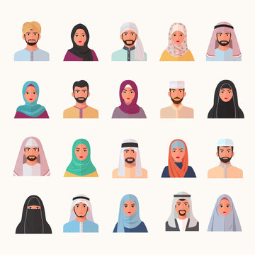 Eastern muslim characters avatars set. Smiling arab faces of men women in chador and burqa trendy colored hijabs traditional Islamic profiles stylish dark mustache and beard. Profile cartoon vector.