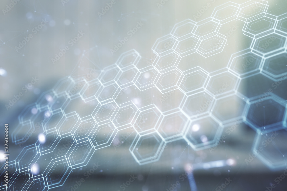 Poster double exposure of abstract virtual technology hologram with hexagon on modern business center exter