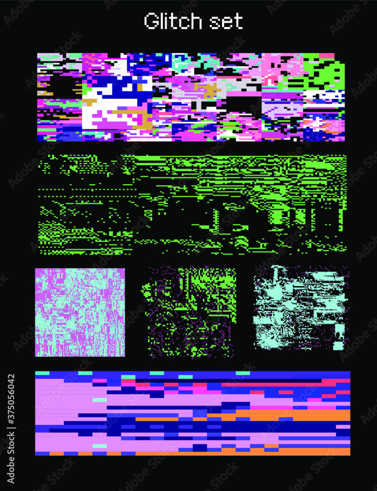 Poster Bundle of glitch overlays. Computer screen error, digital pixel noise design.