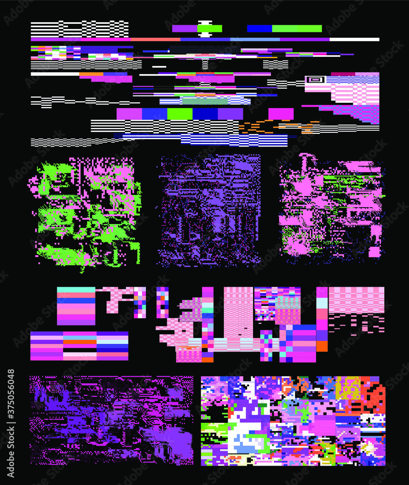 Fototapete bundle of glitch overlays. computer screen error, digital pixel noise design.