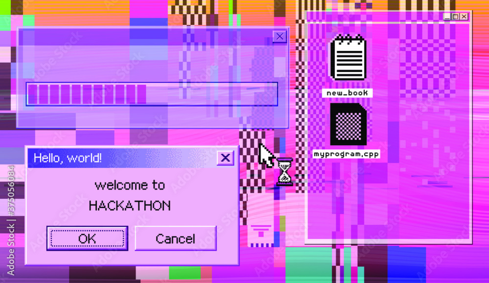 Poster Bundle of glitch overlays. Computer screen error, digital pixel noise design.