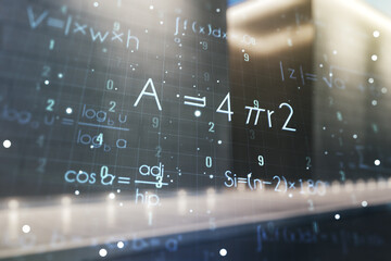 Scientific formula hologram on contemporary business center exterior background, research concept. Multiexposure