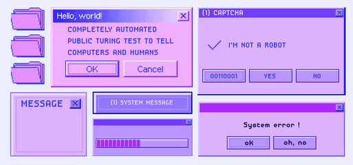 Bundle of glitch overlays. Computer screen error, digital pixel noise design.