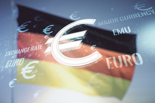 Virtual EURO symbols illustration on German flag and sunset sky background, forex and currency concept. Multiexposure