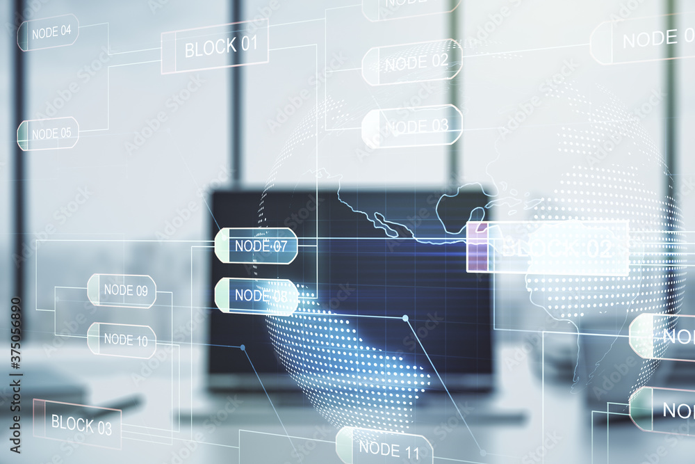Poster double exposure of abstract programming language with world map on laptop background, research and d