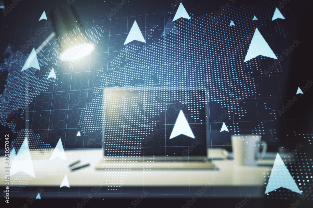 Poster creative abstract geolocations map sketch on modern laptop background, gps tracking and navigation c